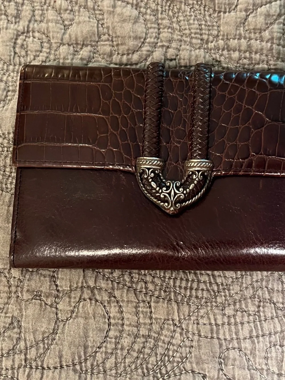 Brighton Wallet with Braided and Metal Detail Leather Lined Croc Embossed Brown - Picture 1 of 7